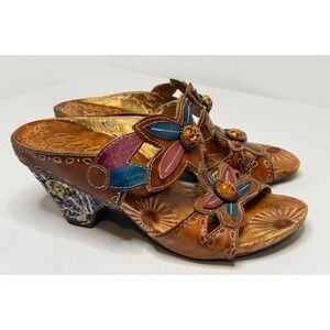 Elite by Corkys Vintage Leather Wedge Sandals Size 7 | Boho Cottagecore Floral